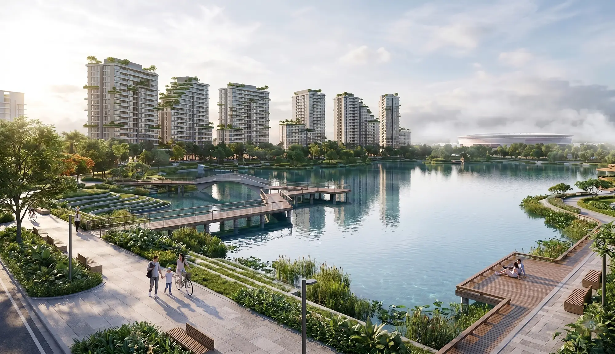 Sát hồ điều hòa là biển nhân tạo quy mô 6,1 ha với bãi cát trắng, bổ sung không gian giải trí nước ngay trong nội khu. Tổng diện tích hai hạng mục mặt nước đạt 30,6 ha, tạo thành trục cảnh quan trung tâm mà phần lớn sản phẩm thấp tầng được bố trí xoay quanh. Hệ tiện ích đa lớp nuôi dưỡng thân – tâm – trí cho mọi thế hệ Hệ tiện ích ngoài trời của Forestia Park phân bổ theo nhu cầu của từng nhóm cư dân. Người cao tuổi có thảm cỏ dưỡng sinh, vườn Nhật kết hợp hồ cá Koi để nghỉ ngơi. Nhóm cư dân trẻ tiếp cận công viên gym ngoài trời, sân thể thao đa năng và cụm bể bơi bốn mùa rộng 1.000 m². Các gia đình có khu công viên BBQ với gần 100 điểm nướng phục vụ hoạt động dã ngoại cuối tuần. Hạng mục tiện ích Quy mô Công năng Bể bơi bốn mùa 1.000 m² Bể bơi trong nhà và ngoài trời Công viên BBQ ngoài trời Gần 100 điểm nướng Không gian dã ngoại cộng đồng Vườn Nhật & hồ cá Koi Quy hoạch khép kín Không gian thư giãn tĩnh Gym ngoài trời & sân thể thao Đang cập nhật Khu rèn luyện thể chất Thảm cỏ dưỡng sinh Đang cập nhật Không gian nghỉ ngơi ngoài trời 